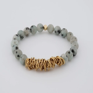 Handmade 8mm natural dalmatian jasper stone beaded bracelet with golden metal ring accents