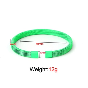 Vibrant green mesh texture stainless steel expandable bracelet with dimension specifications