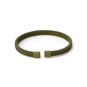 Detail view of military green mesh stainless steel bracelet with matte square ends