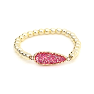 Bohemian Gold Plated Copper Round Bead Elastic Bracelet For Women Druzy Teardrop Pendant Fashion Jewelry Gift