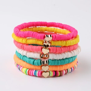 7-piece Bohemian colorful heishi clay bead bracelet set with golden heart charms