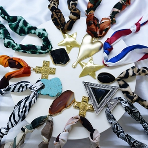 Chic silk scarf necklace collection with leopard prints and geometric metal pendants