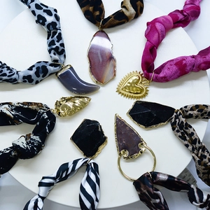 Leopard print silk scarf necklace with agate pendant and stainless steel charms