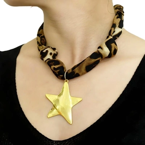 Fashion scarf necklace with leopard print satin fabric and large gold star pendant