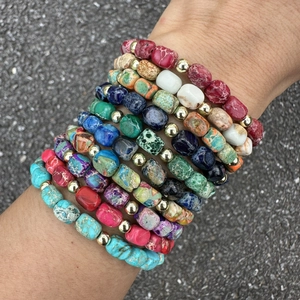 Handmade multi-layer stone bead bracelets featuring colorful natural emperor stones and gold accents
