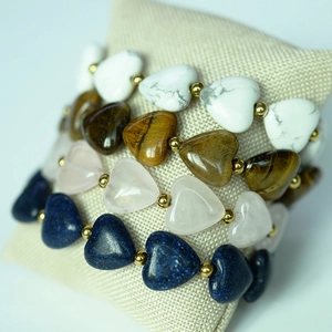 Bracelet en Perles de Pierre Naturelle Forme de Coeur pour Femmes Oeil de Tigre Lapis-lazuli Quartz Rose Turquoise Blanche Bijoux