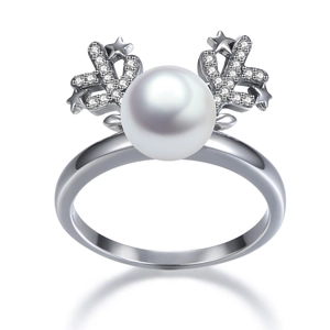 Eleganter S925 Silberring mit weißer Perle und diamantbesetzten Rentier-Geweih-Details