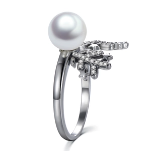 S925 Sterling Silber Ring mit runder weißer Perle und Zirkonia Stern Dekorationen