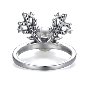 Eleganter S925 Sterling Silber Geweih Ring mit kleinen Sternen und einer weißen Perle