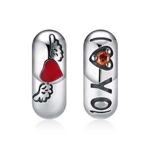 925 Sterling Silver Capsule Pill Charm Bead With Heart Wing And I Love You Engraving For DIY Jewelry Making Bracelet