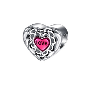 Charm a cuore in argento S925 con texture floreale e incisione Love rosa per gioielli