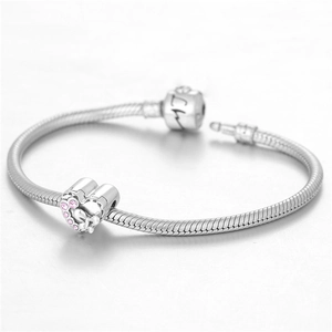 Bracciale a catena snake in argento S925 con ciondolo a cuore, pietre rosa e gattino