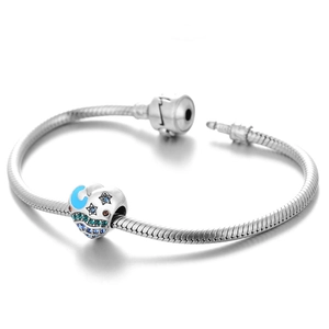 Bracciale in argento S925 con ciondolo a cuore, luna crescente blu e cristalli a stella