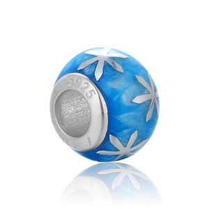 S925 Sterling Silber Blau Emaille Charm Perle mit Silber Schneeflocke Muster für DIY Schmuck