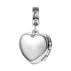 Close-up of 925 sterling silver heart locket charm with S925 hallmark engraving