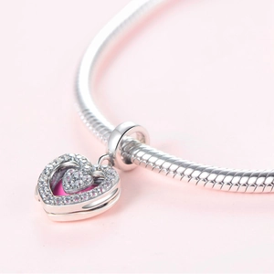925 sterling silver flip heart charm with pink enamel and crystals for snake chain