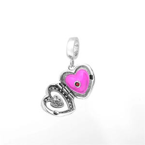 925 sterling silver heart locket charm with pink enamel and red gemstone inlay