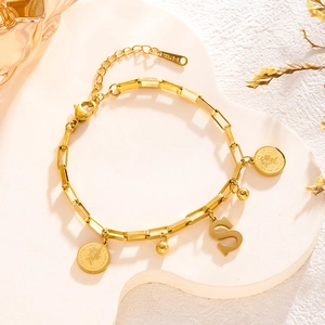 Hip-hop style gold stainless steel chain bracelet with retro coin pendants and letter S