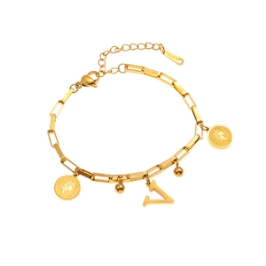 Gold stainless steel chain bracelet with Queen Elizabeth coins and letter V pendant