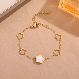 Golden titanium steel bracelet with five hollow clover flowers and white mother of pearl