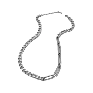 Minimalist silver steel patchwork chain necklace with industrial cuban link design