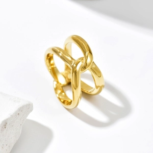 14k gold plated stainless steel ring with a twisted cross double band design