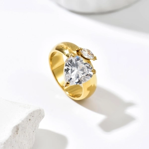Polished 14k gold plated stainless steel ring with heart and teardrop crystal stones