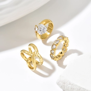 Fashion Stainless Steel 14K Gold Plated Heart Zirconia Ring Set Minimalist Geometric Criss Cross Finger Rings For Women Jewelry