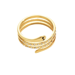 Luxurious gold snake ring with sparkling crystal pave and triple-wrap stainless steel design