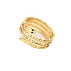 Luxurious gold-plated snake spiral ring featuring sparkling white crystals and black eyes