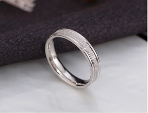 Detail of silver titanium steel ring featuring a sandblasted center and polished edges