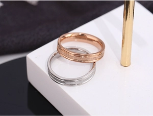 Macro view of matte sandblasted finish on rose gold and silver stainless steel rings