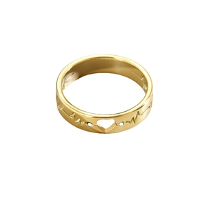 Golden stainless steel ring featuring heartbeat pattern and heart-shaped cutout