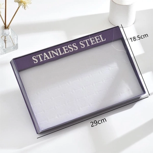 Caja expositora de joyas morada de 29x18,5cm con tapa transparente para anillos