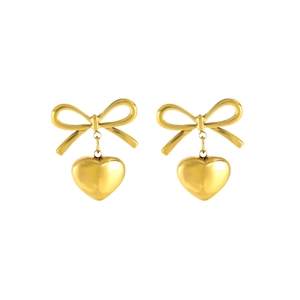 Orecchini a perno con fiocco e cuore in stile francese in titanio placcato oro 18K di lusso