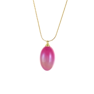 Elegant gold chain necklace featuring a translucent pink oval resin pendant on white background