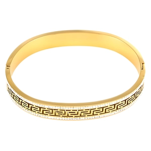 Gold stainless steel Greek key pattern bangle with white rhinestones and a folding clasp