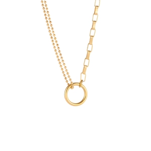 Asymmetric gold necklace with geometric circular pendant and unique double layered chain