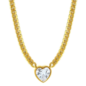 Golden cuban chain necklace featuring a large heart-shaped crystal pendant for women