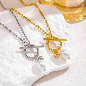 Minimalist Stainless Steel Artificial Pearl Toggle Clasp Pendant Necklace Gold Silver Bead Chain Choker Vintage Jewelry For Women