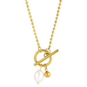 Elegant 18k gold-plated beaded necklace with white pearl drop and toggle clasp closure