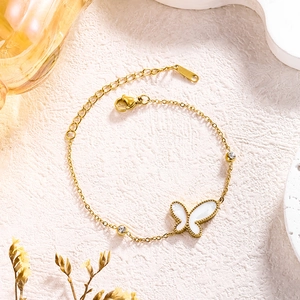Elegant 18K gold plated titanium steel butterfly bracelet with white inlay and zircons