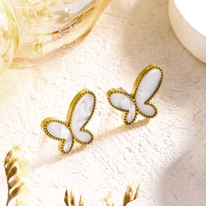 Elegant 18K gold plated butterfly stud earrings with mother of pearl inlay detail