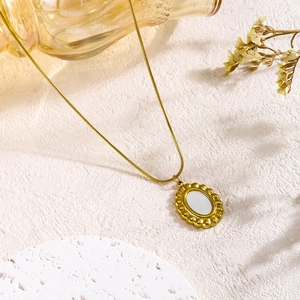 Retro gold plated stainless steel necklace with white shell oval pendant and snake chain
