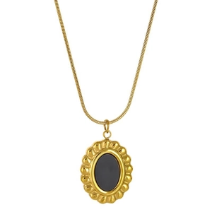 Vintage gold plated stainless steel necklace set with oval black stone pendant on snake chain