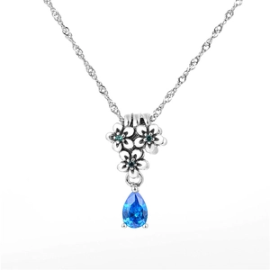 Elegant 925 sterling silver floral necklace with blue zircon pear-shaped pendant