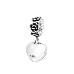 Abalorio de corazón en plata S925 con detalles de rosa para joyas de pulsera DIY