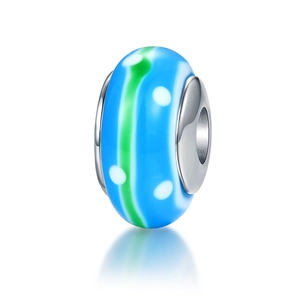 S925 Sterling Silver Lampwork Glass Charm Bead Blue Green Stripes White Polka Dots Large Hole Bead For DIY Bracelet Jewelry Making