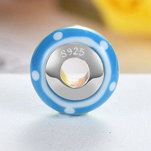 Handmade S925 sterling silver blue glass bead with white polka dots for DIY bracelets