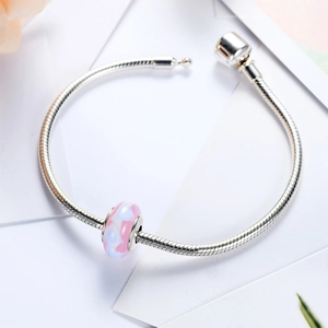 Roze en witte glazen kraal op S925 sterling zilveren slangenketting armband